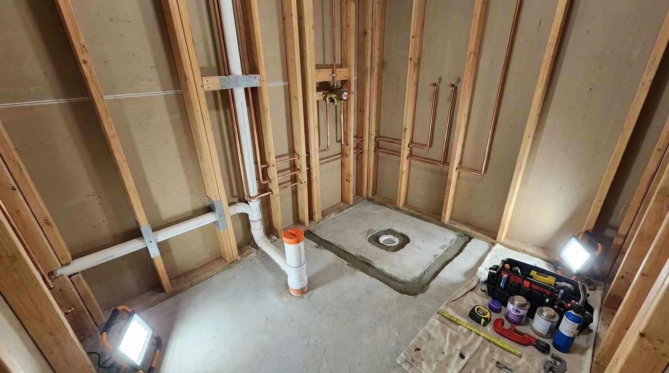Bathroom rough-in plumbing during remodel by Johns Plumbing LLC in Monterey