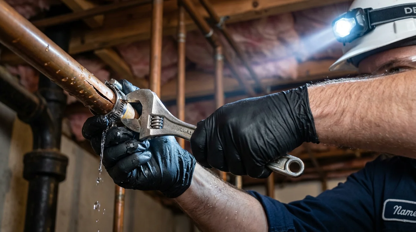 Emergency pipe clamp repair being performed by a Johns Plumbing LLC plumber in Monterey
