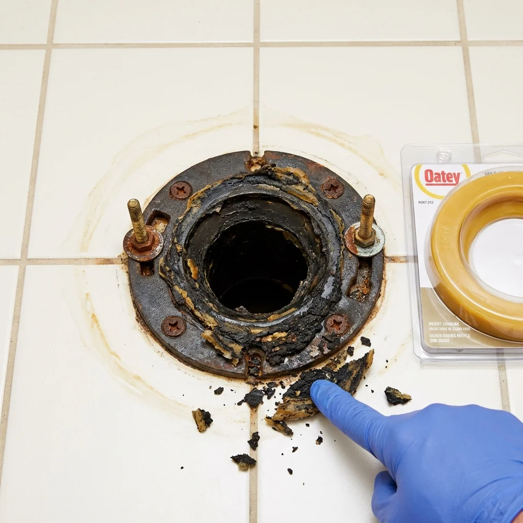 Failed wax ring showing water seepage at the base of a toilet in a Monterey, TN home
