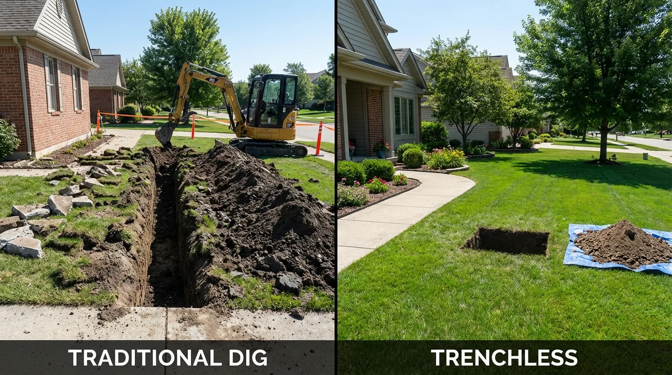 Trenchless sewer repair with minimal yard damage versus traditional excavation in Monterey, TN