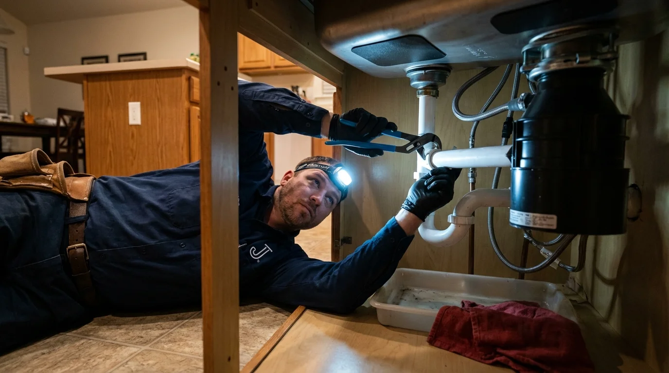 P-trap and supply line connections under a kitchen sink showing a common leak point in Monterey, TN